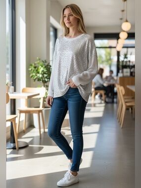ALBERTO MAKALI Sequin Knit Round Neckline Long Sleeve Tunic MEDIUM Ivory